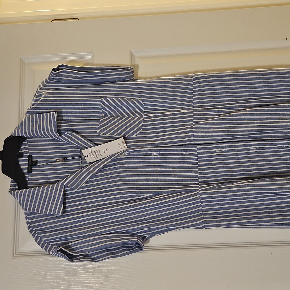 FOR CYNTHIA Blue and White Striped Short Sleeved Collared Belted Shirt Dress M